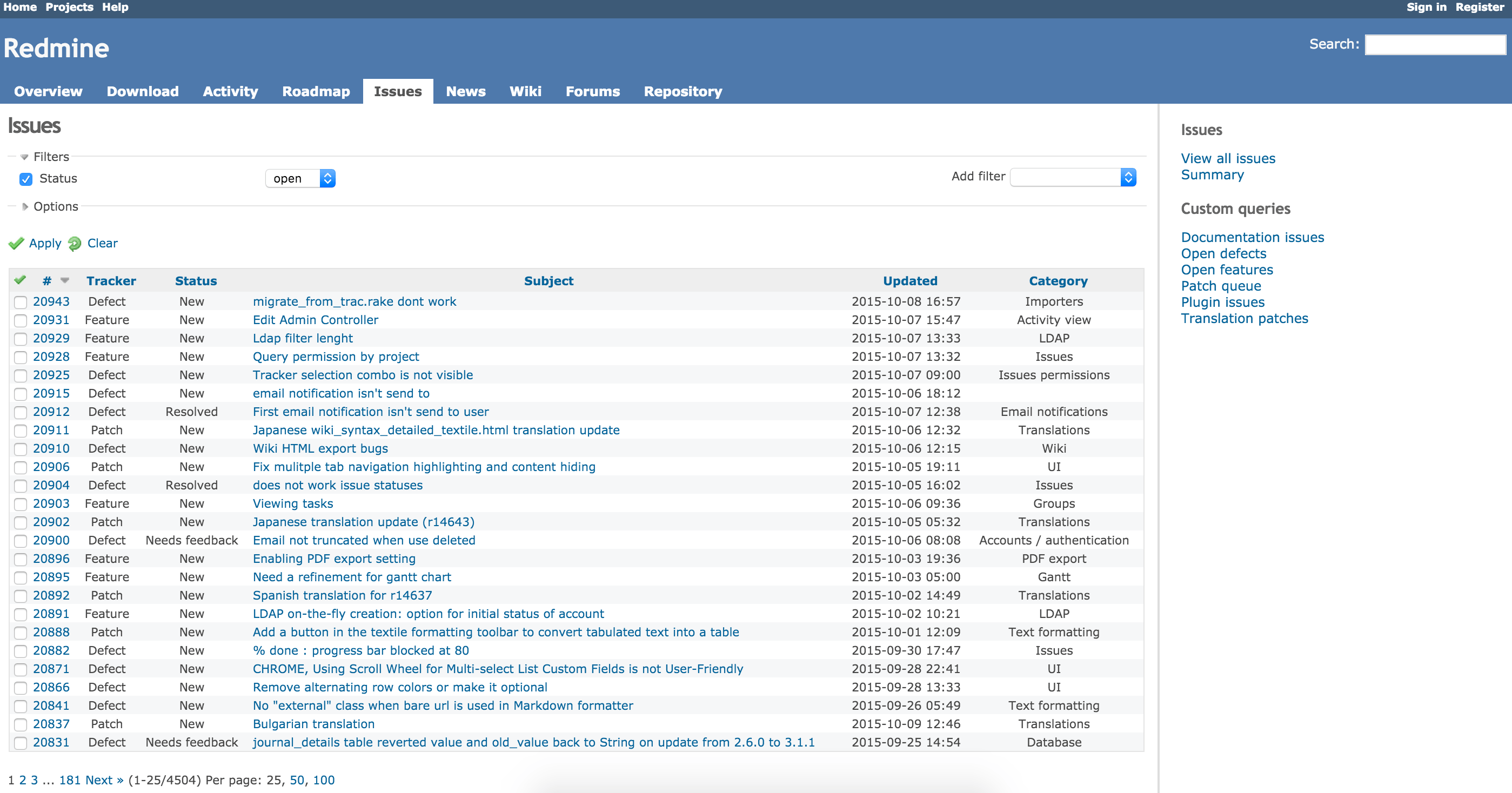 Redmine Issues Page with default theme
